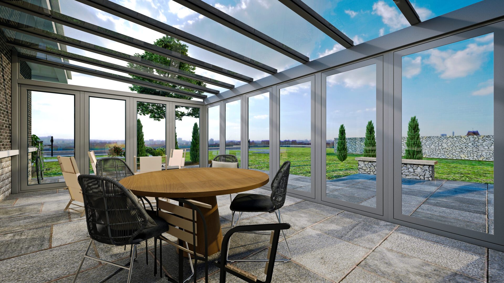 Modern sunroom overlooking a scenic garden.