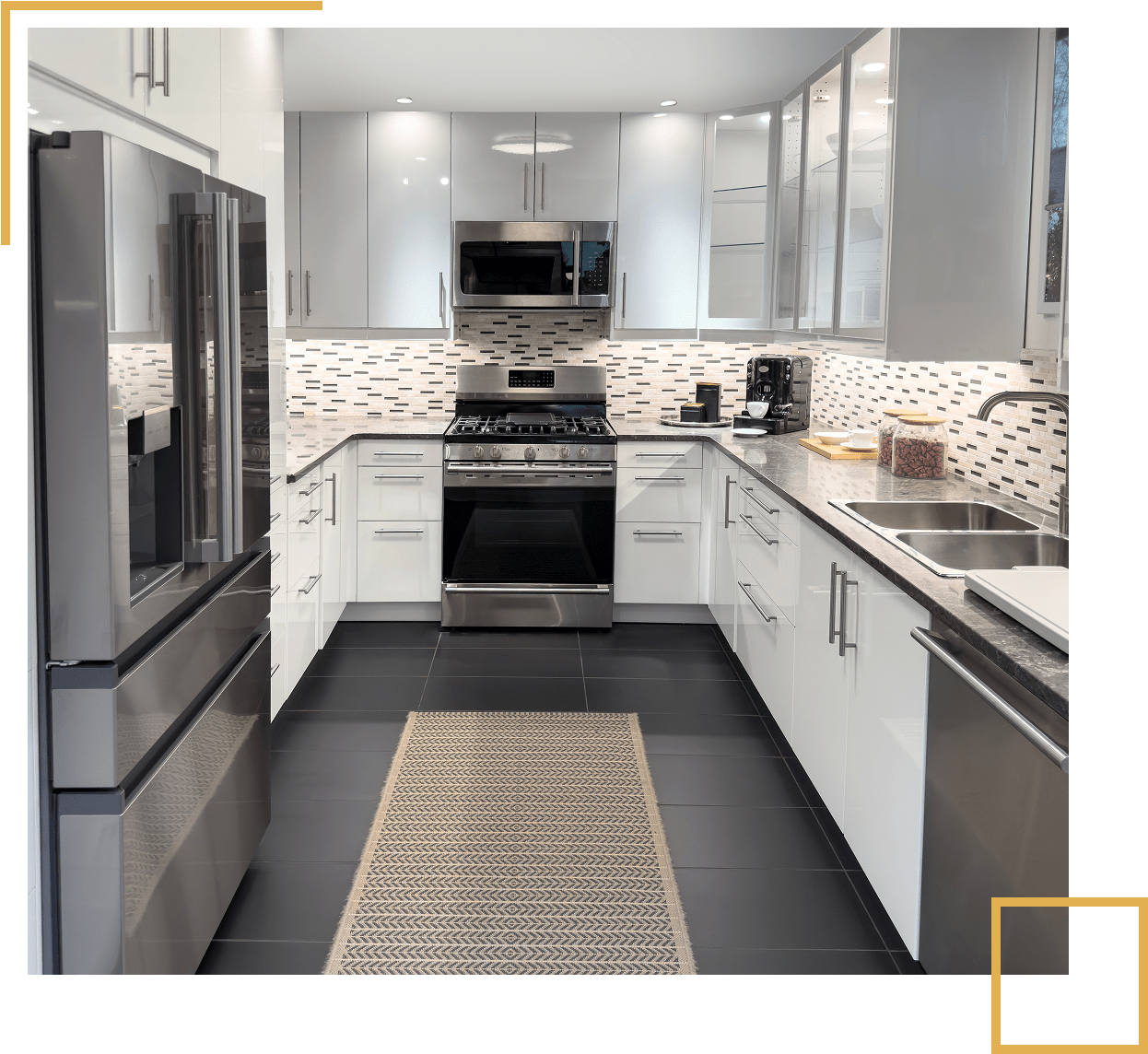 Modern kitchen with stainless steel appliances.